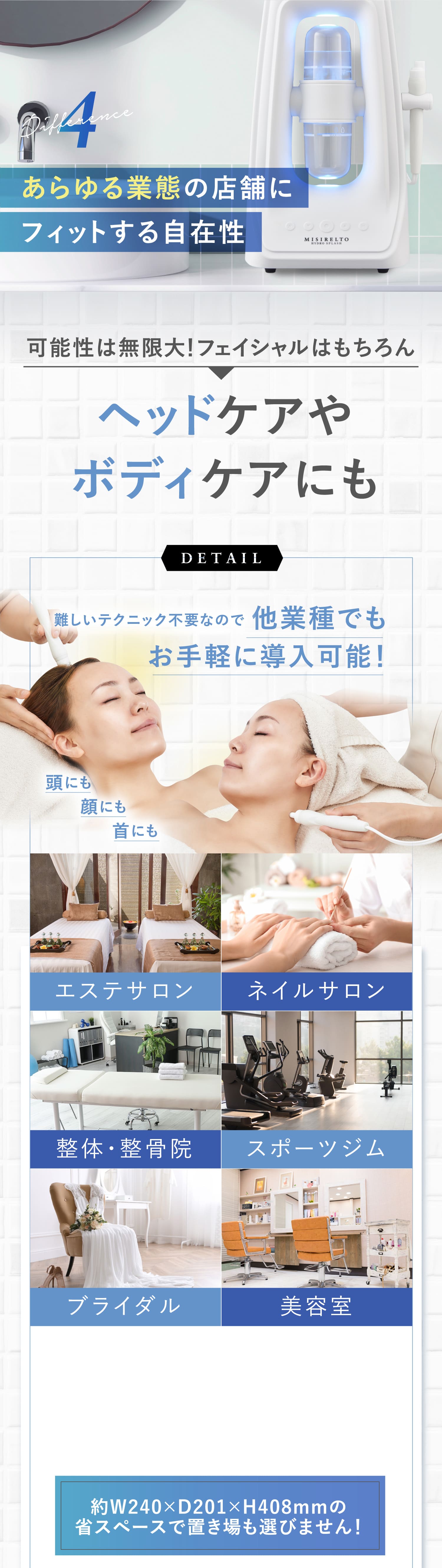 4Differenceあらゆる業態の店舗にフィットする自在性可能性は無限大！フェイシャルはもちろんヘッドケアやボディケアにもDETAIL難しいテクニック不要なので他業種でもお手軽に導入可能！頭にも顔にも首にもエステサロンネイルサロン整体・整骨院スポーツジムブライダル美容室約W240×D201×H408mmの省スペースで置き場も選びません！